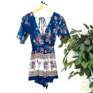 Three Pink Hearts Blue Floral Romper